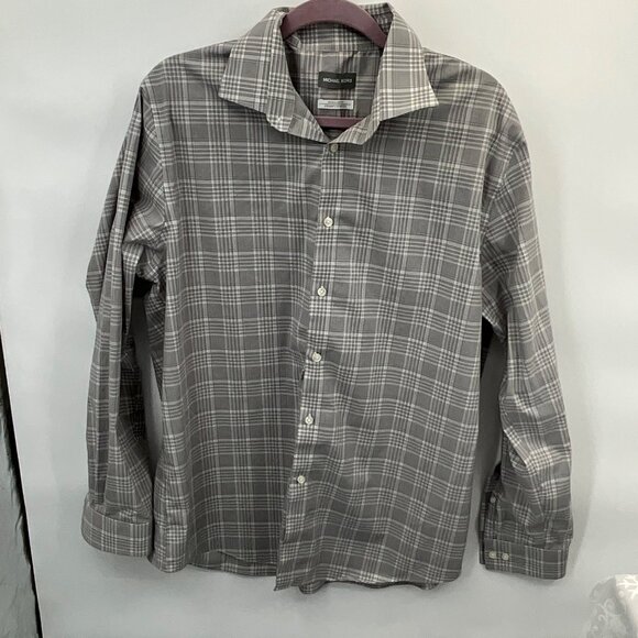 Michael Kors Mens XL 17 34/35 Gray Plaid Long Sleeve Button-Up Shirt Regular Fit - Picture 2 of 5